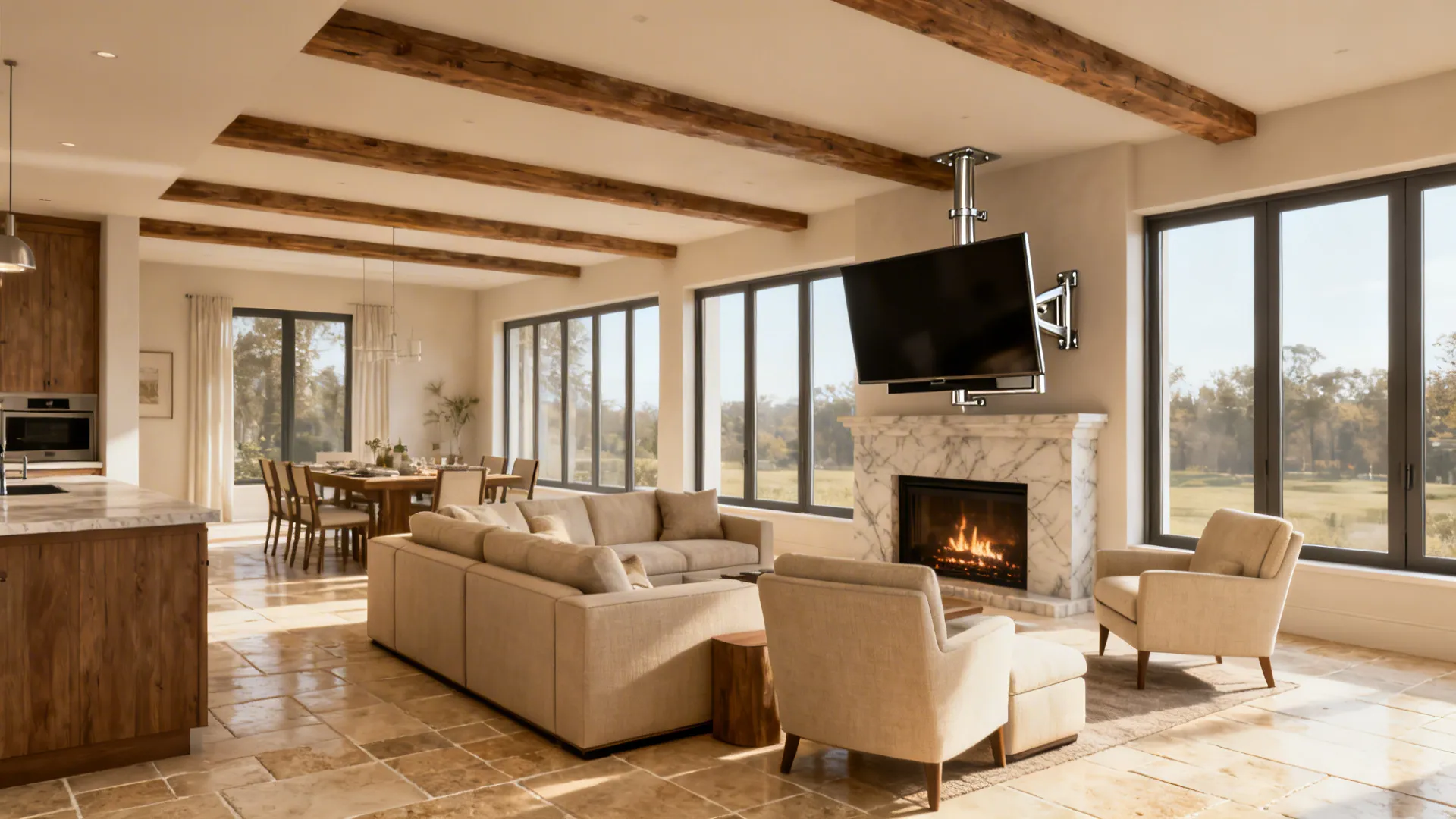 Open-plan living-dining room with TV integrated near fireplace, serving multiple seating zones.
