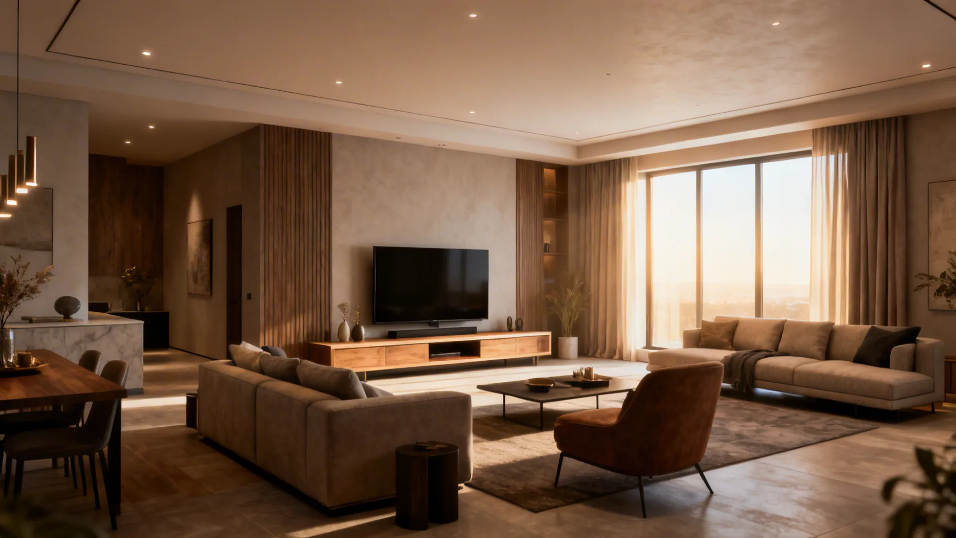 Open-plan living area showing TV positioned for primary seating and curtained window to reduce glare