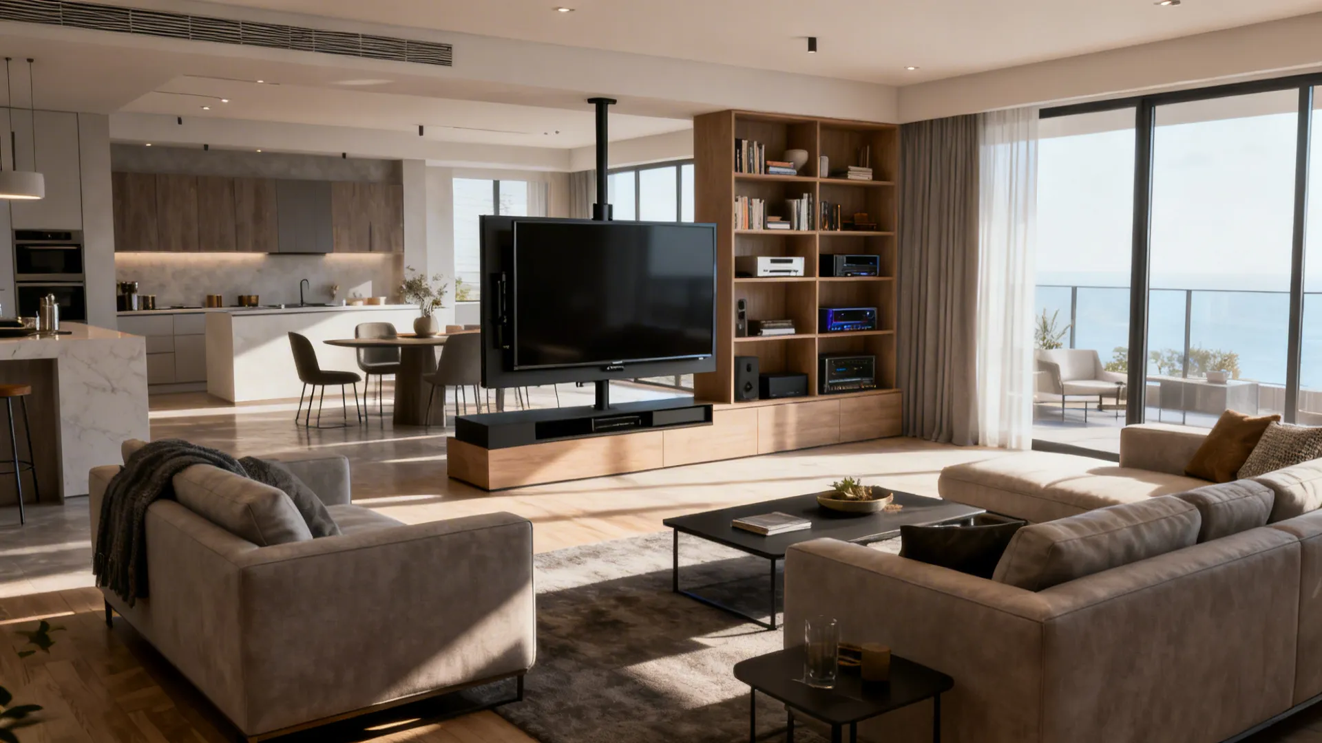 Open-plan living room with a swivel TV serving multiple seating areas and a media wall.