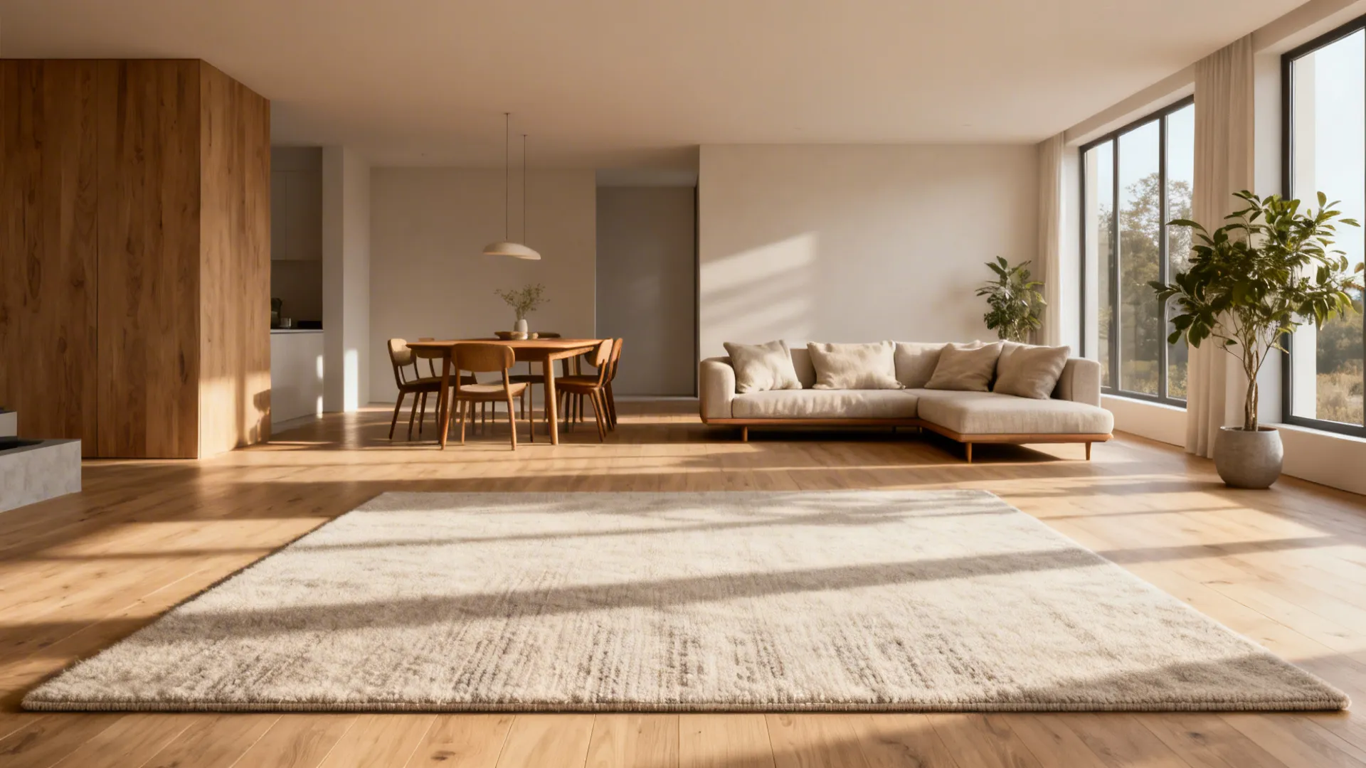 Open plan living room featuring a large beige rug modern sofa dining table and windows