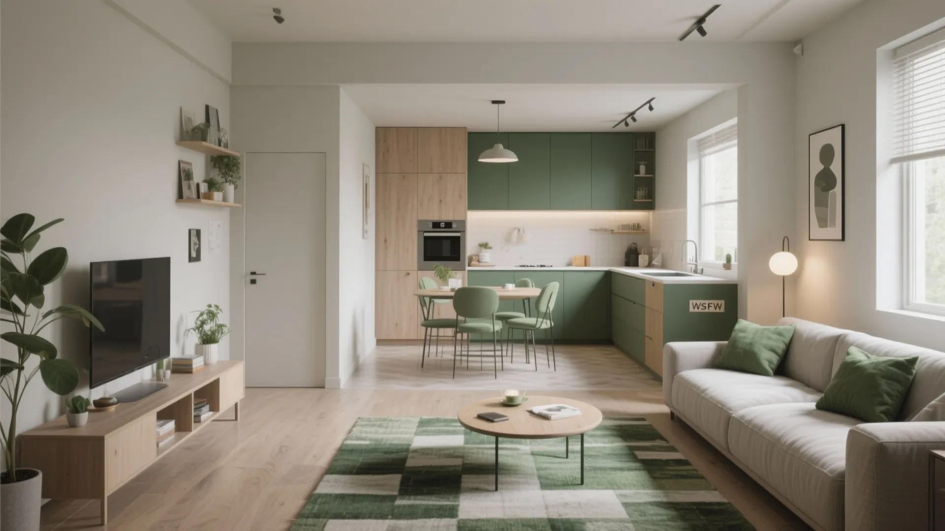 Open plan kitchen and living area with green cabinets, dining table, sofa and patterned rug