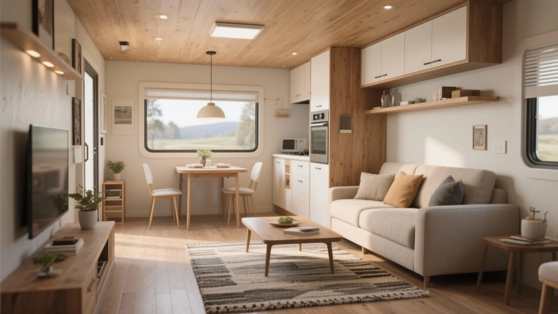 Bright open plan living room with beige sofa wood coffee table dining area and natural light