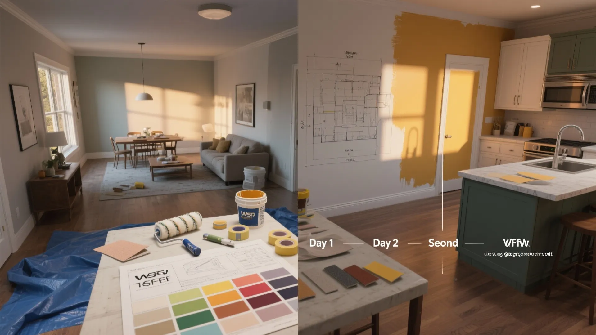 Side by side comparison of living room renovation project with paint supplies and color samples