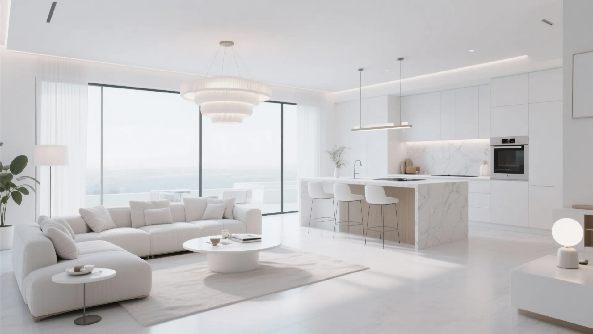 6. Open-Plan White Living & Kitchen Flow