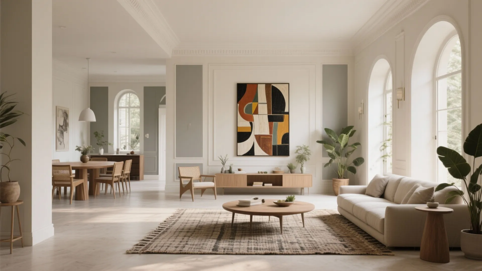 Center and Open-Plan Harmony: Creams, Greige, and Accent Art