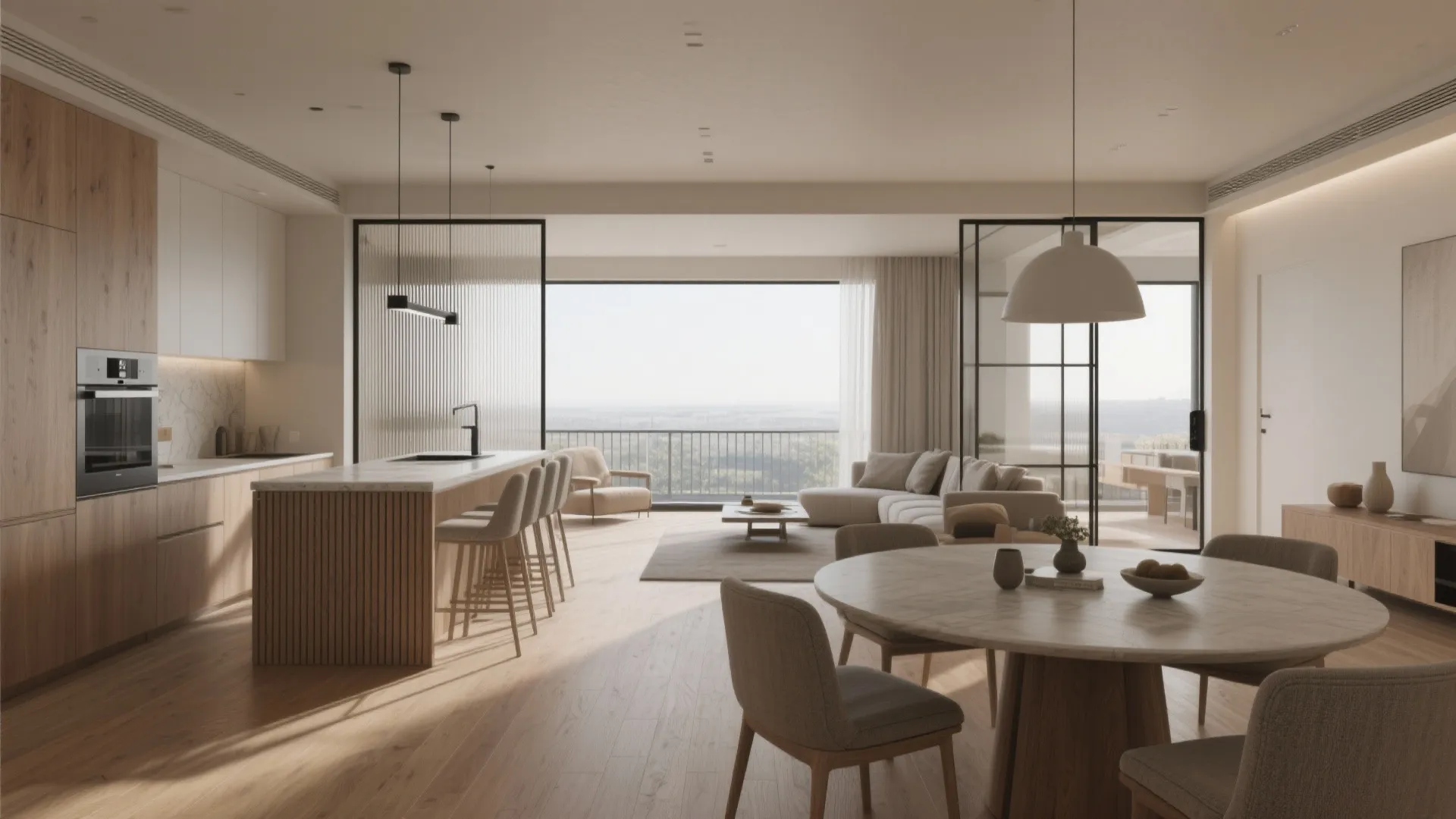 Open-plan living–dining with a semi-open kitchen