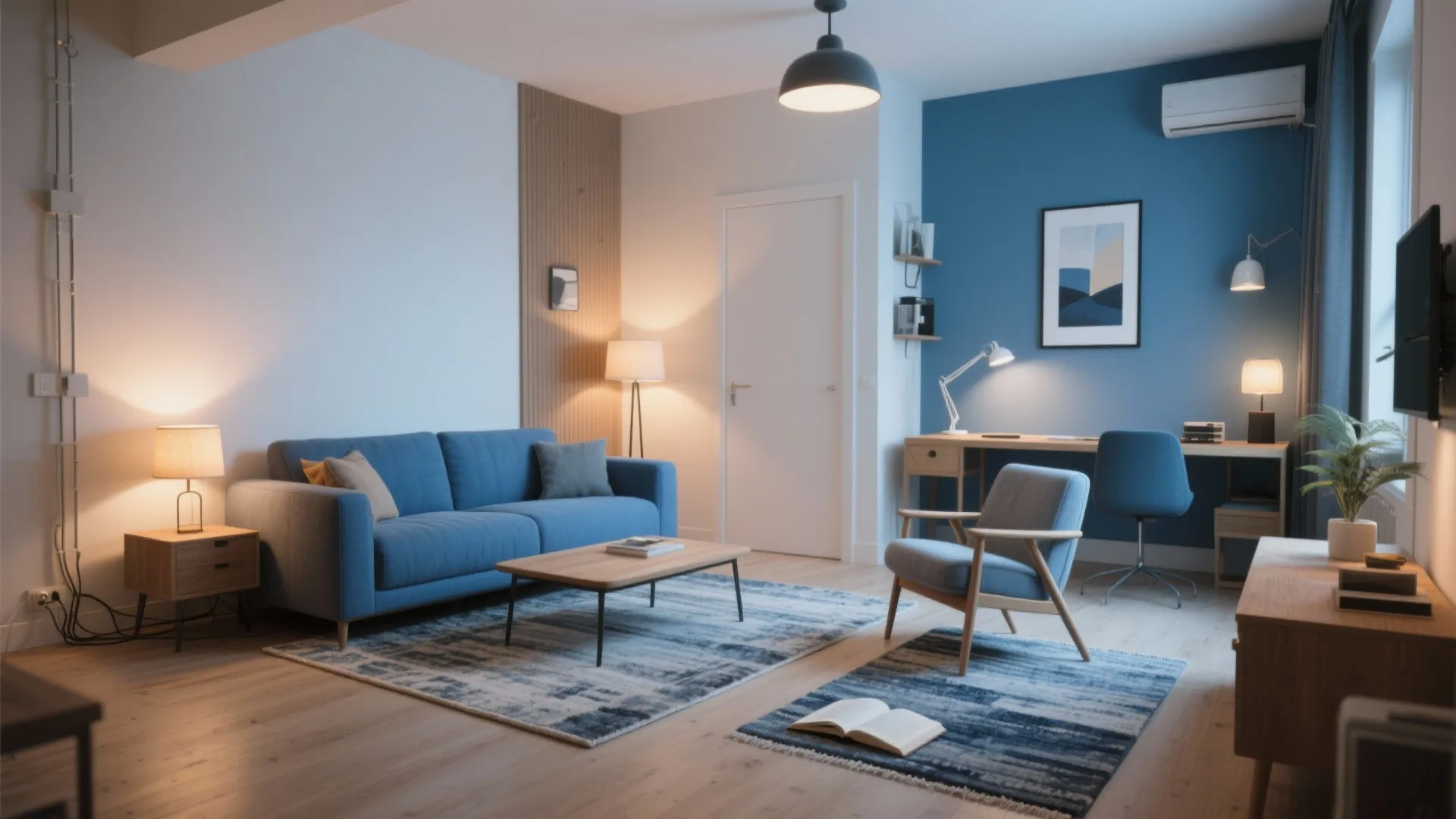 Open-Plan Zoning With Rugs + Layers of Light (Blue Sectional)