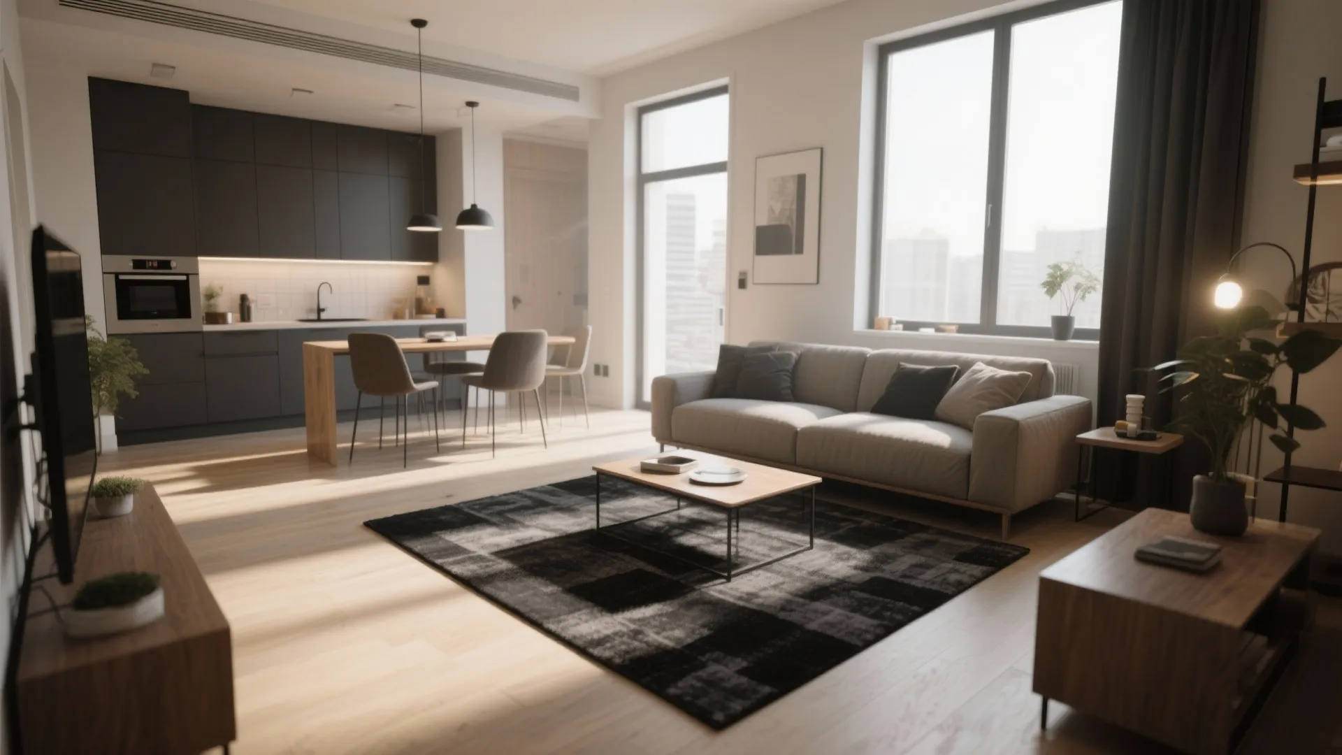 4. Zone an Open Plan with a Rectangular Dark Rug