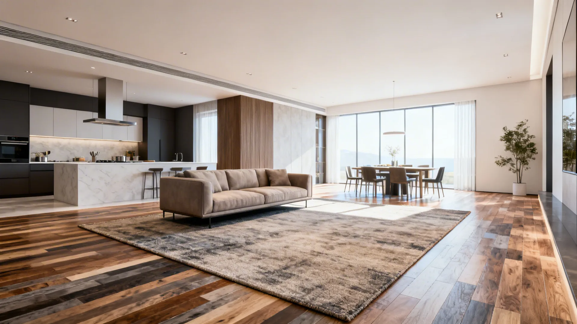 Open-plan living and dining spaces separated visually by a large rug under the seating area