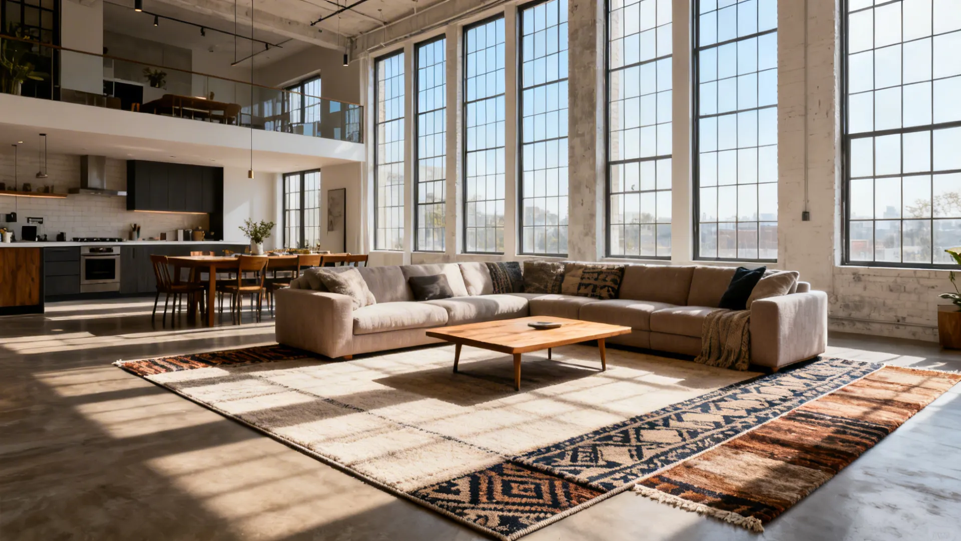 Industrial open plan living room with tall windows large sofa wood coffee table and rug