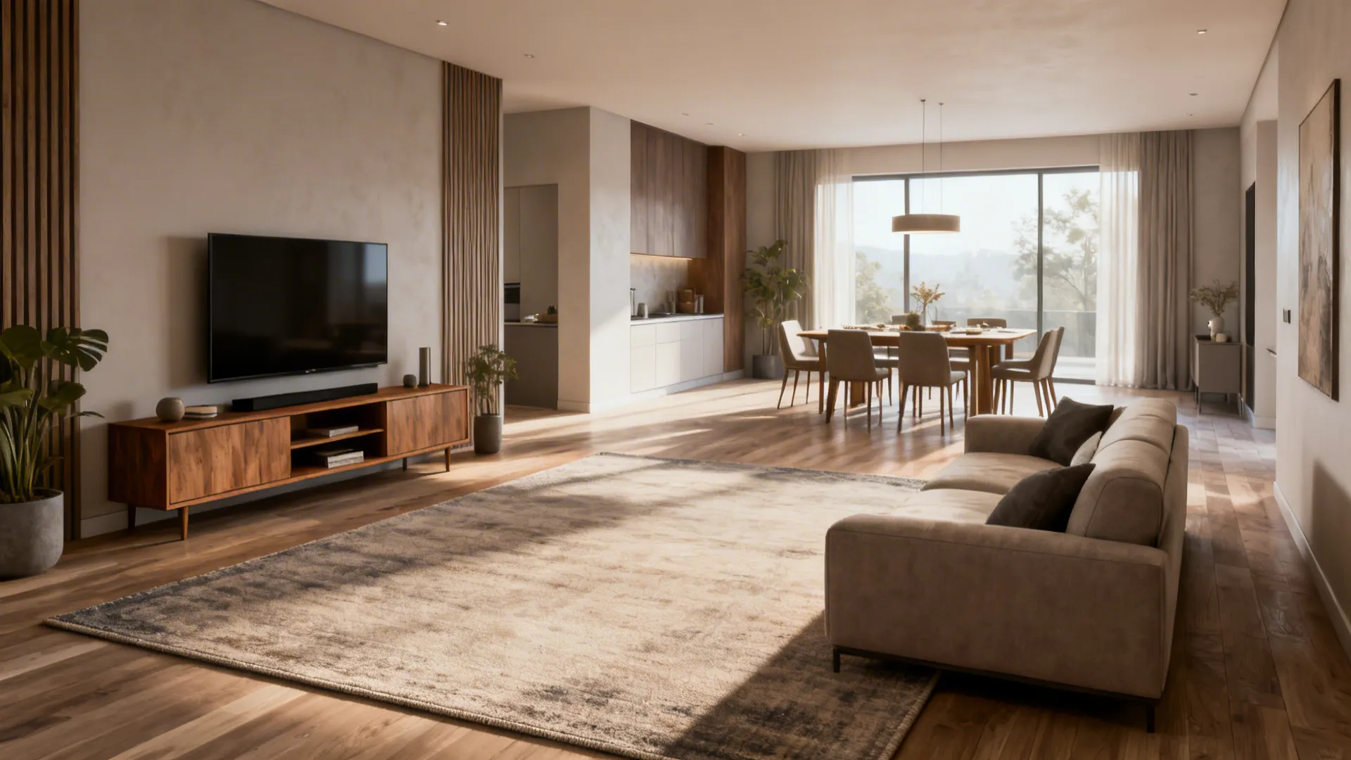 Open-plan living area where a rug defines the living zone aligned with sofa and TV cabinet.