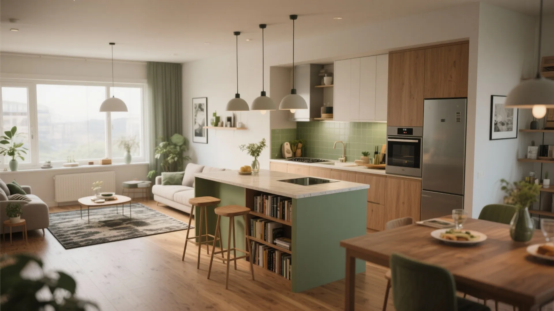 Open-plan living area with partial divider, rugs, and convertible island defining zones.