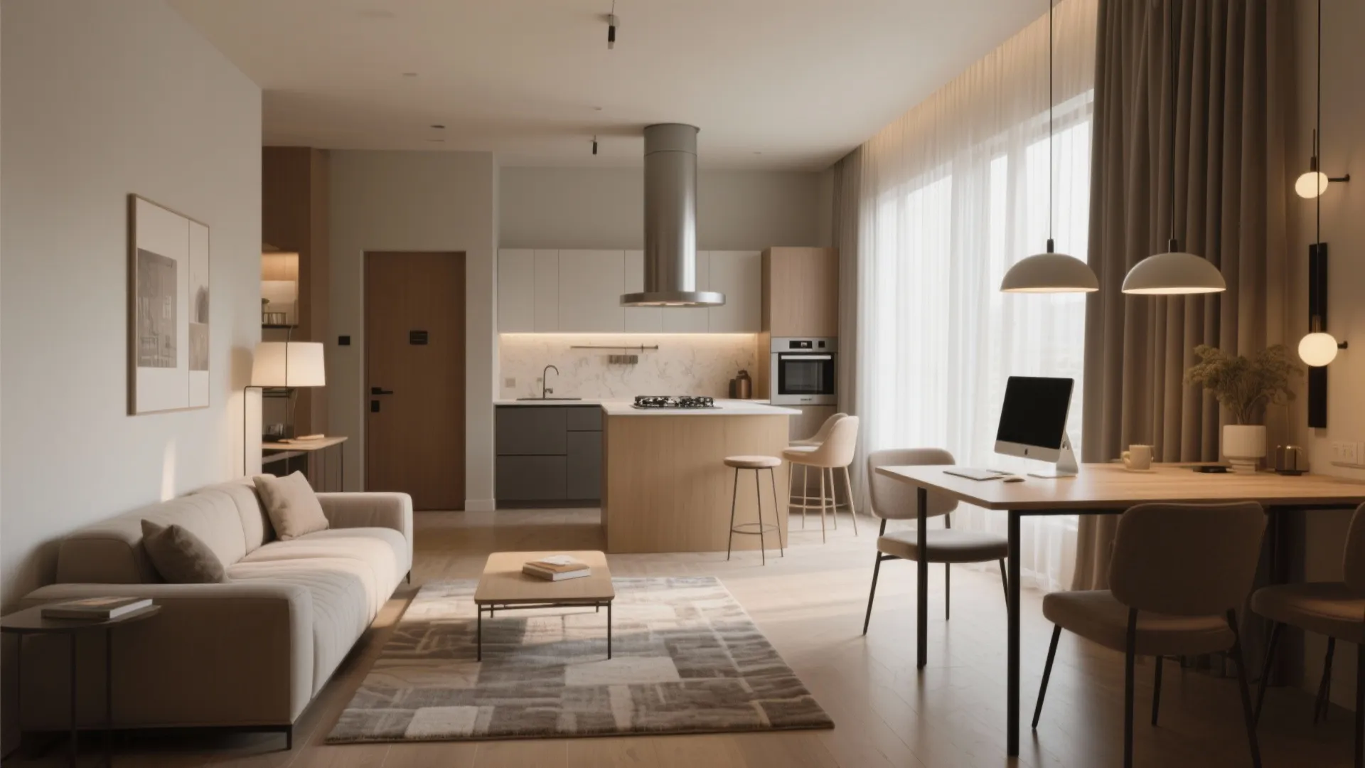 Zoned open-plan living area with sofa, dining-work table and kitchen island in a small suite