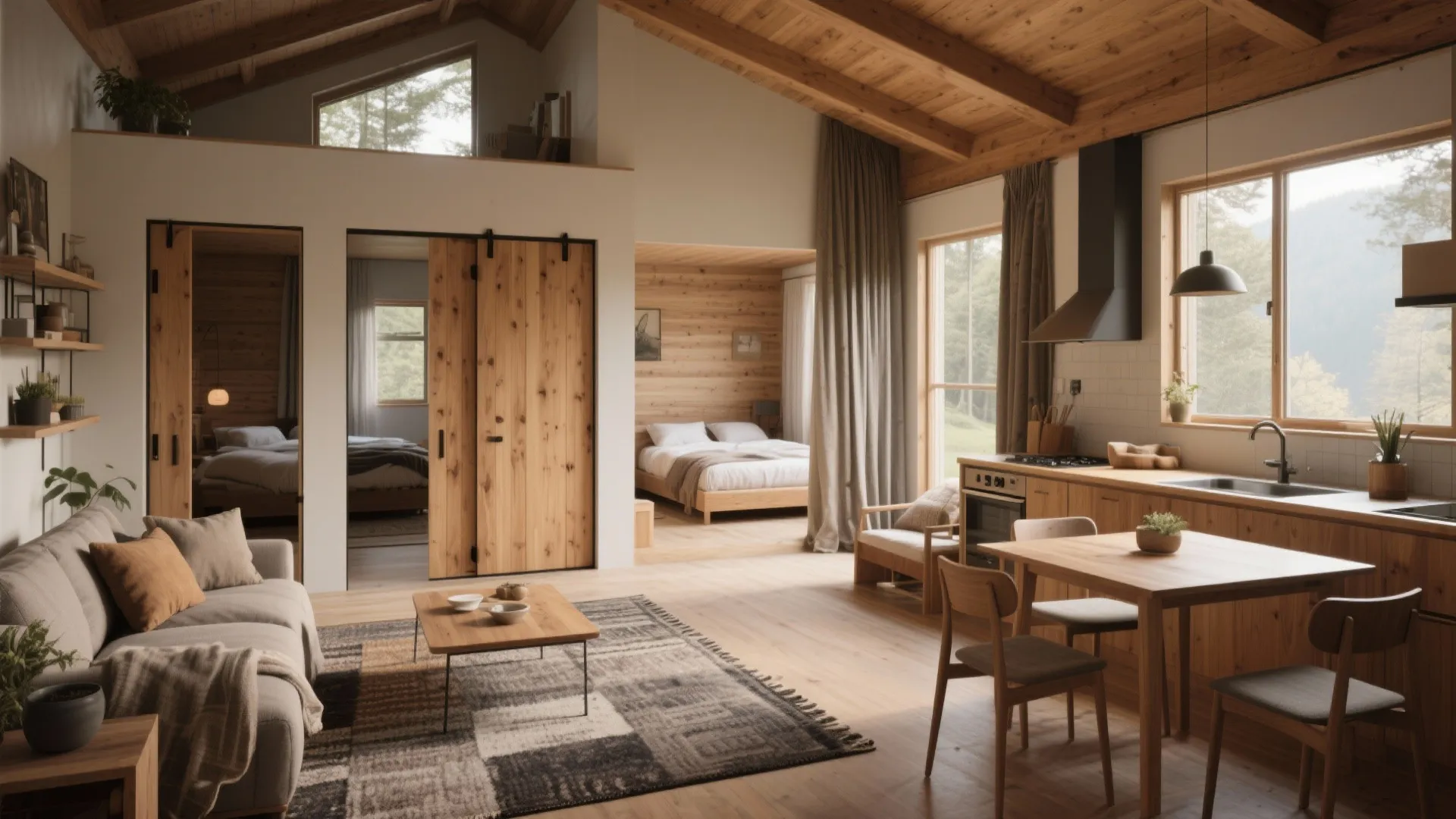Open-plan L-shaped cabin interior with partial walls and sliding doors creating zoned privacy.