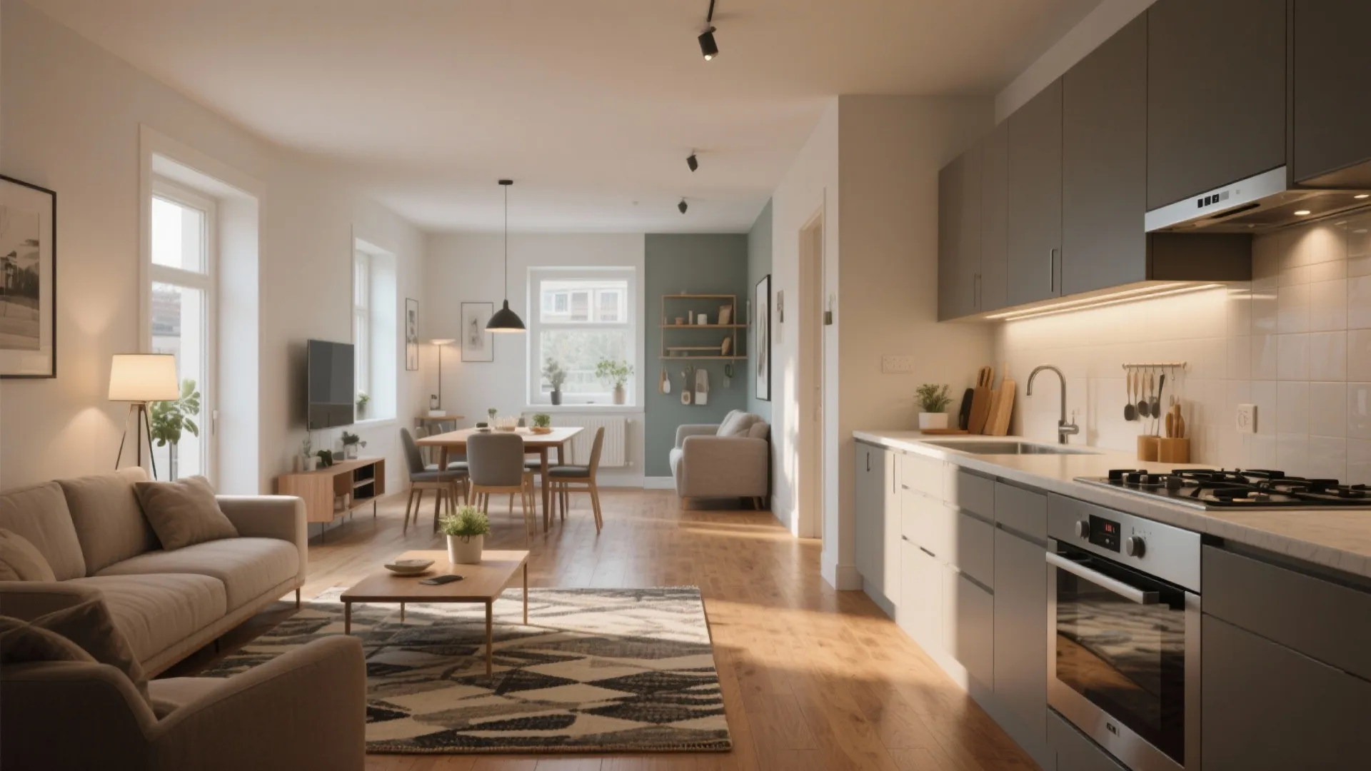 Living room and kitchen layout with grey sofa wooden floor dining table and light fixture
