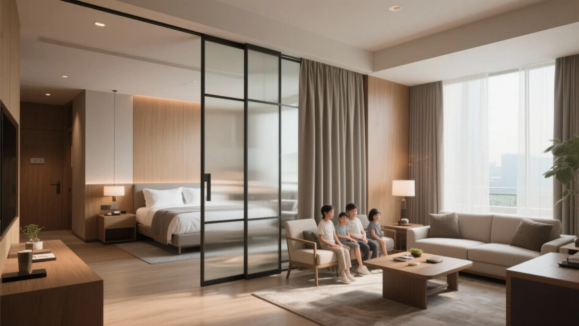Open-plan hotel suite with frosted glass partitions creating private bedroom zones and warm wood accents.