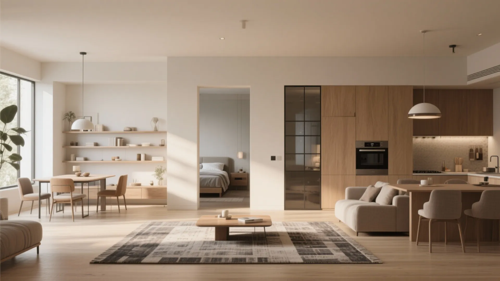 Open-plan single-wide interior with rugs, half-wall shelving and screens defining private zones.