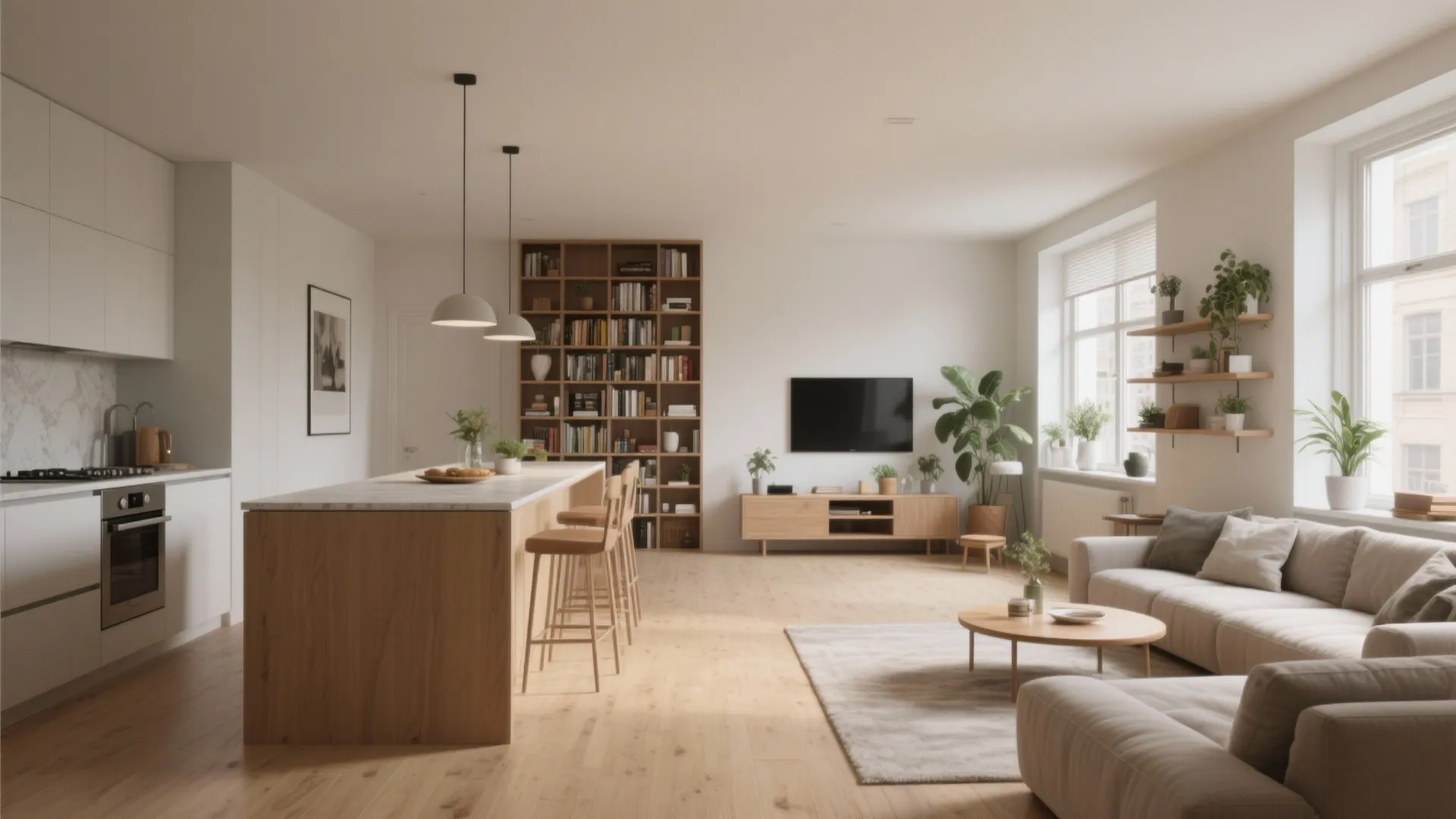 Modern open plan living room featuring wooden kitchen island sofa bookshelf tv cabinet and natural light