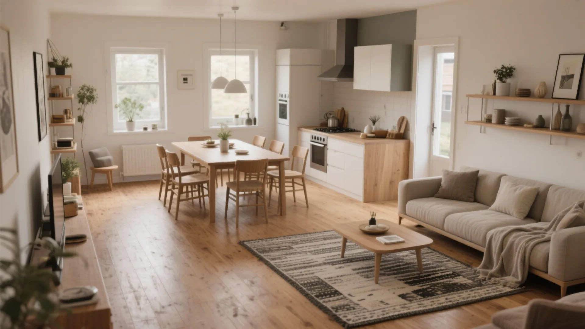 Modern open plan living room and kitchen with wood flooring white cabinets and dining table