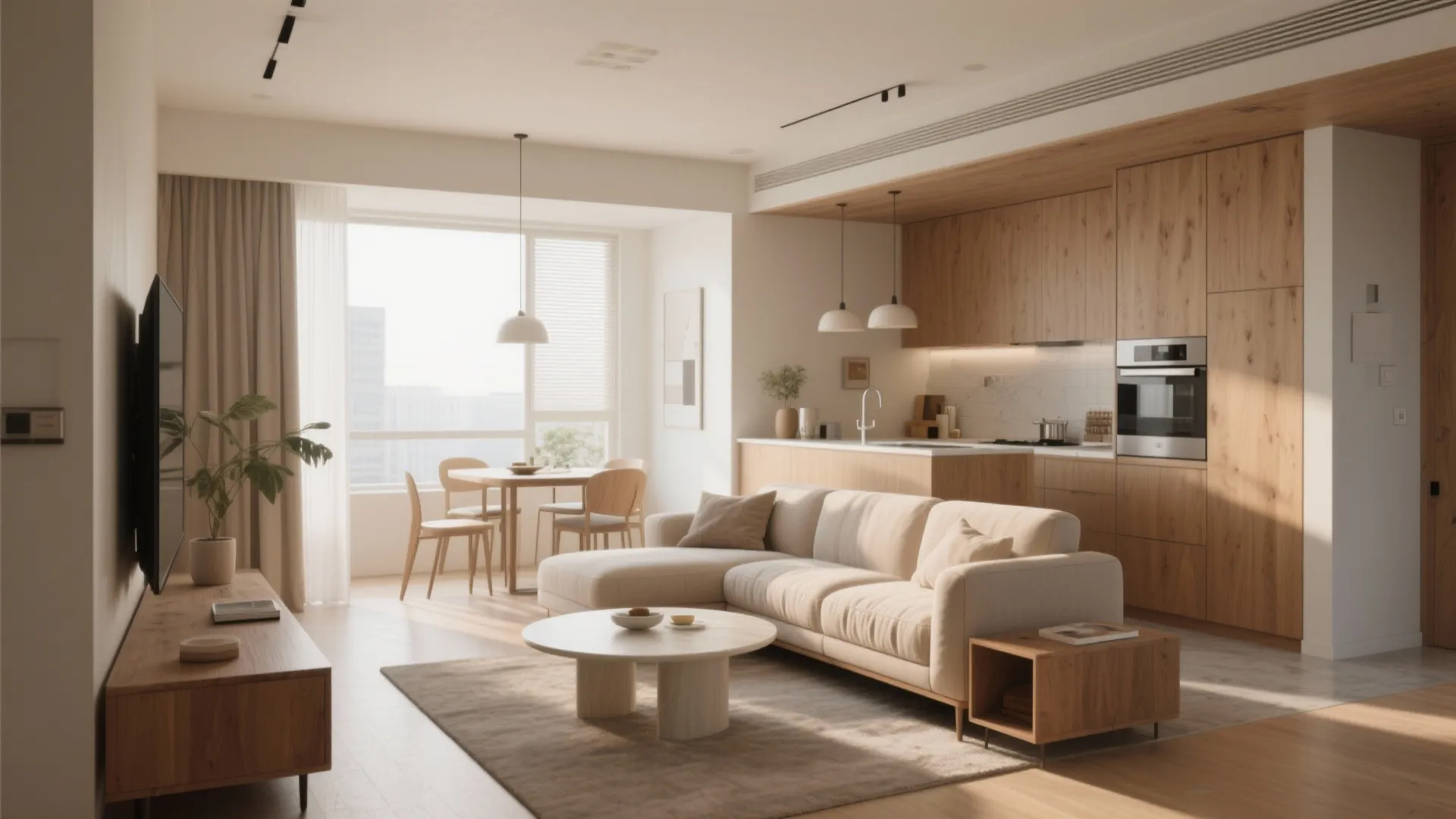 Open-plan living with sofa and console creating distinct zones in a compact apartment