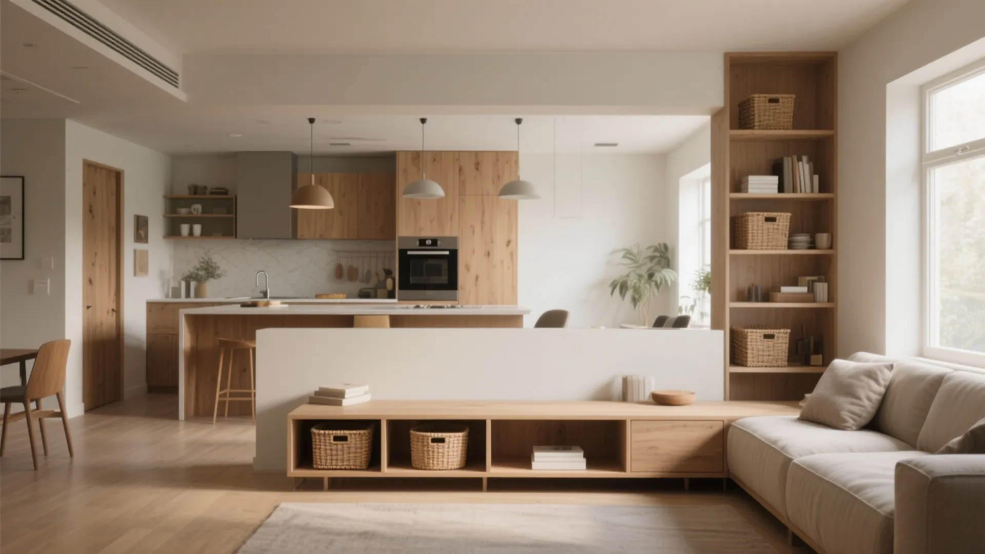 Modern open plan living room with wood cabinets ceiling lights sofa and white wall divider