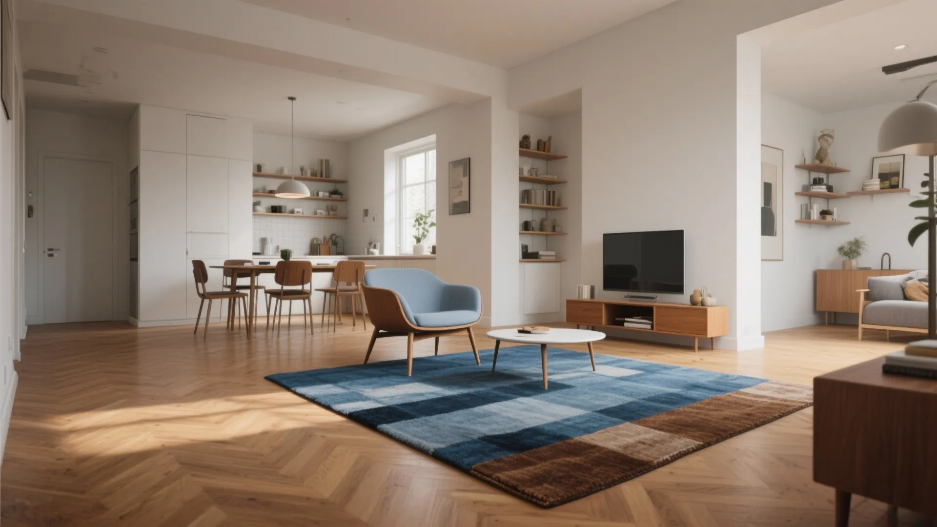 Open plan living room and kitchen area featuring a blue rug and wooden floor layout