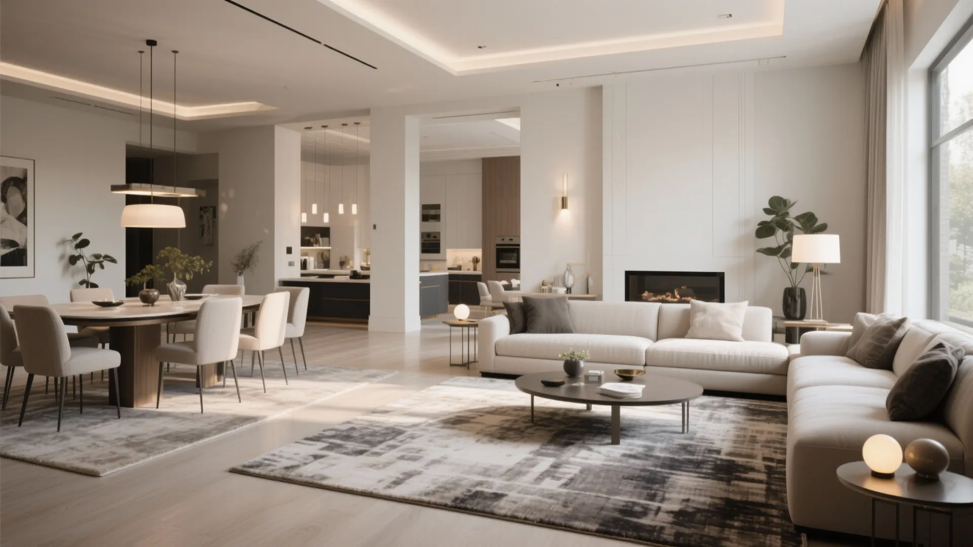 Open-plan luxury living room with defined dining and lounge zones