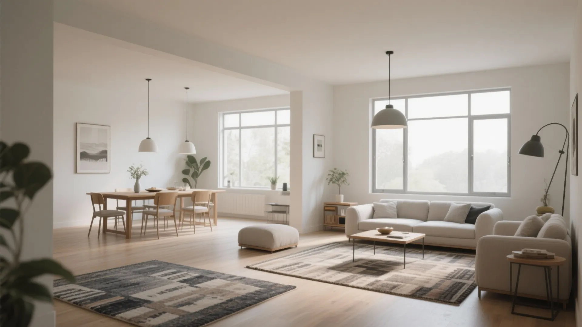 Bright open plan space with dining table chairs white sofa and two large floor rugs