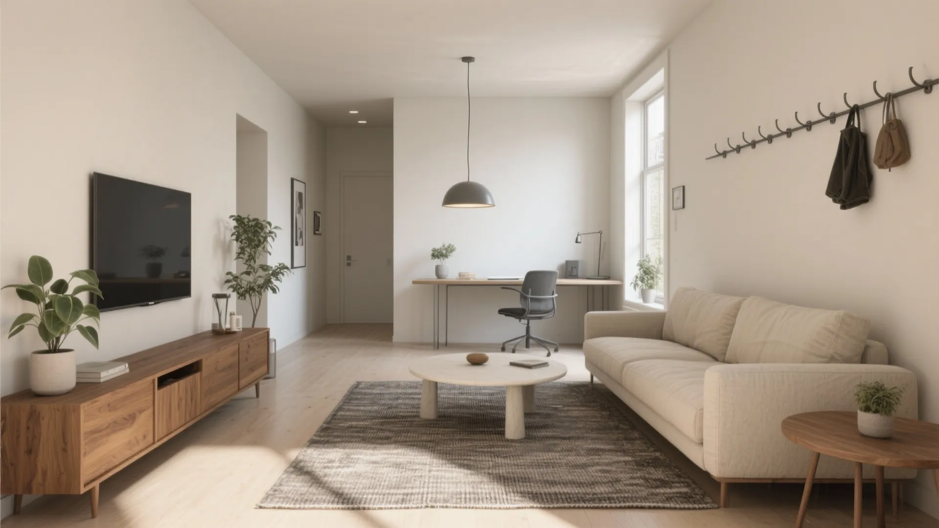 Spacious open living room showing tv cabinet comfortable sofa work desk and neutral wall colors design