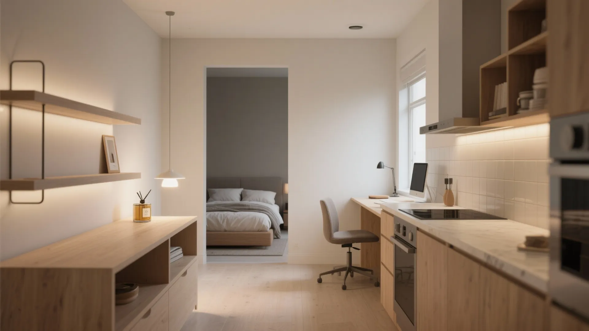 Open plan studio layout combining small kitchen area work desk and view into a cozy bedroom