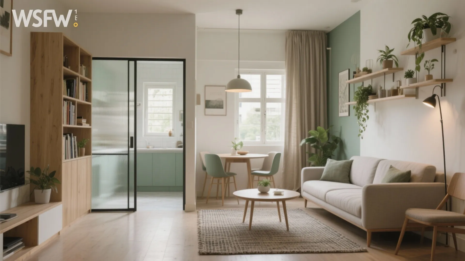 Modern open plan living room with green wall white sofa wooden shelves and dining table
