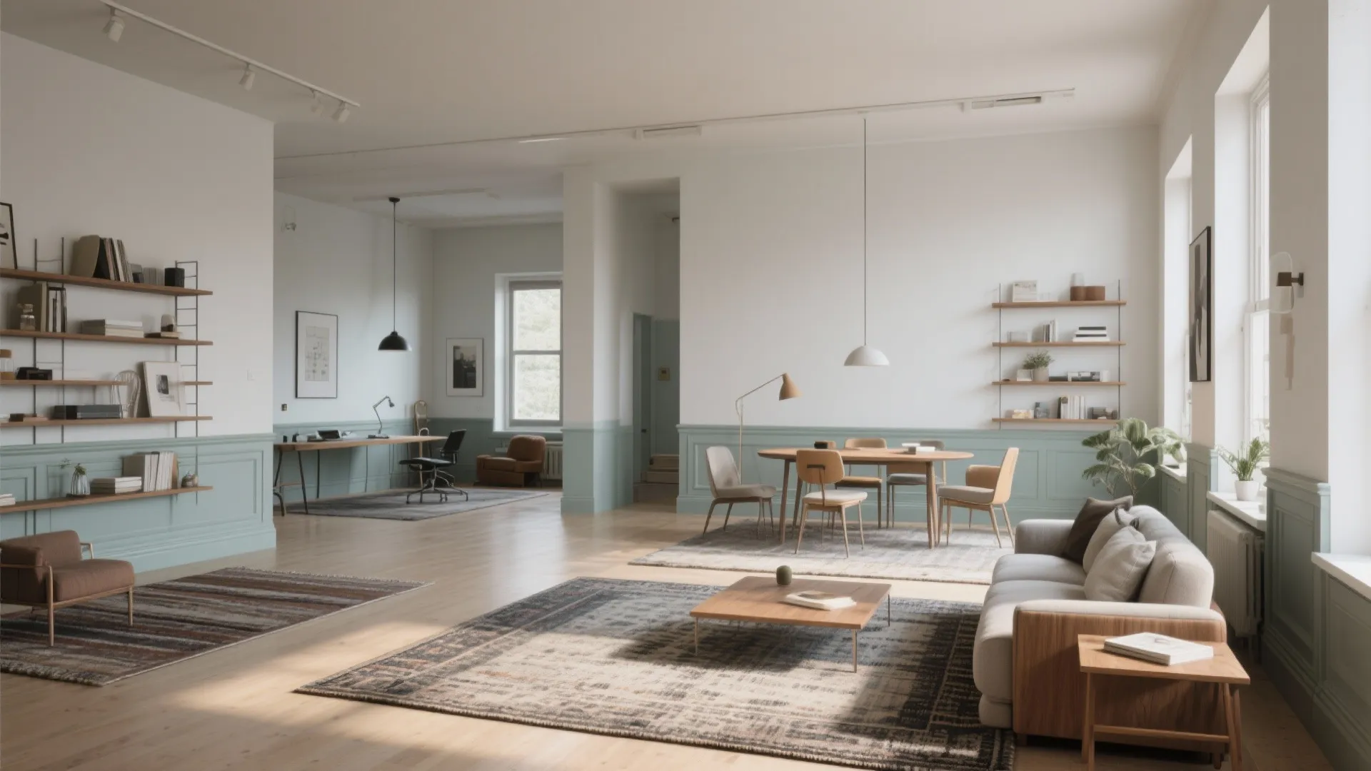 Modern open living space with dining table sofa rugs wood floor and green wall panels