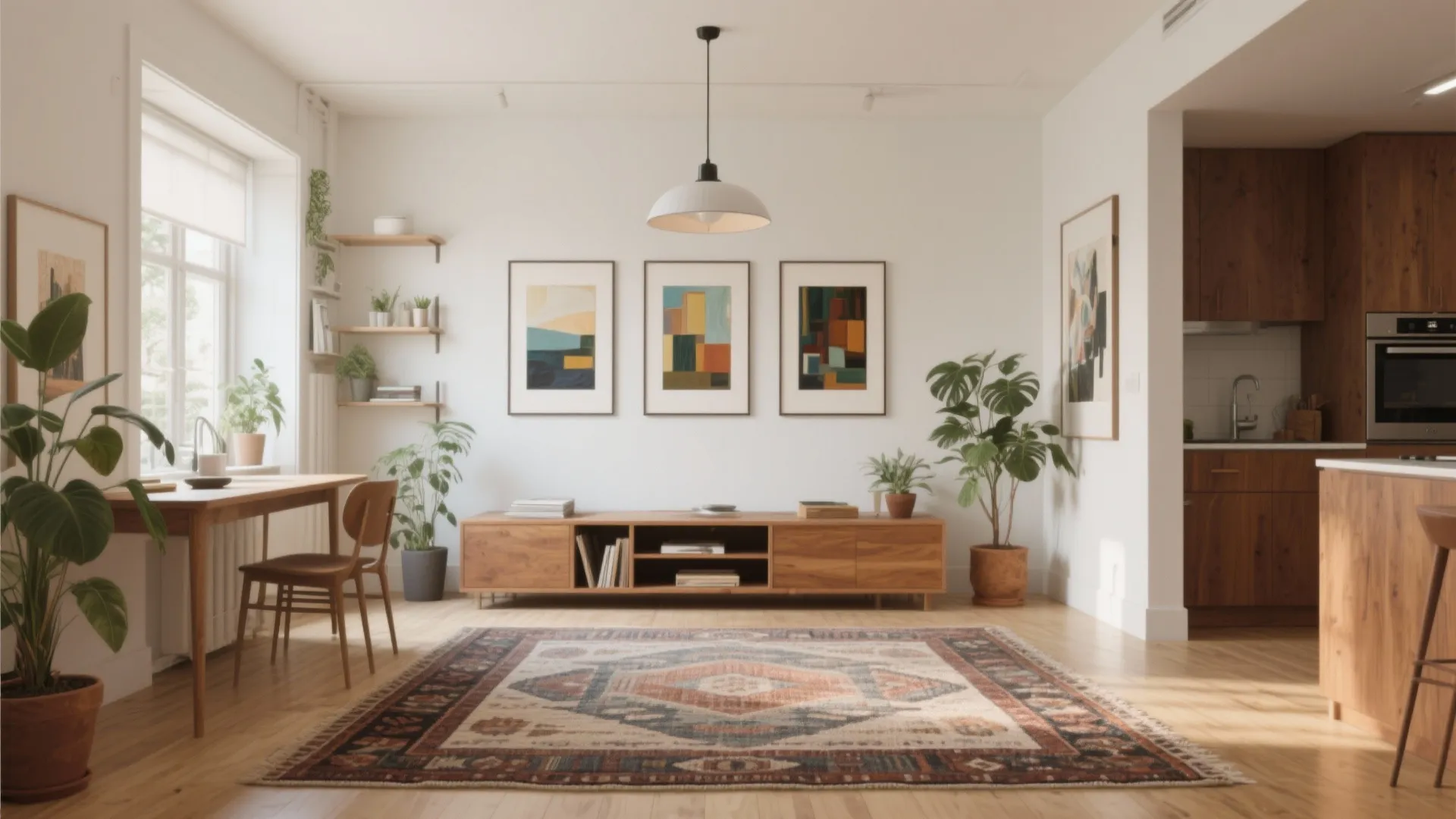 Open-plan studio with a horizontal triptych marking the living area next to the kitchen, using rug and lighting to define zones.