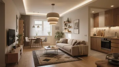 Warm Modern Living Room with Open Kitchen Design