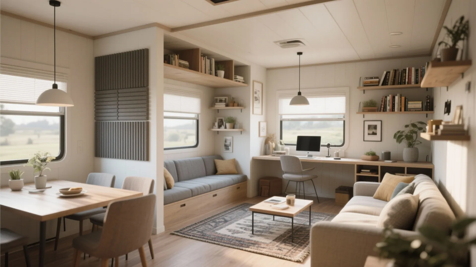 Modern open plan living room featuring dining table sofa study desk bookshelves and neutral wood floors