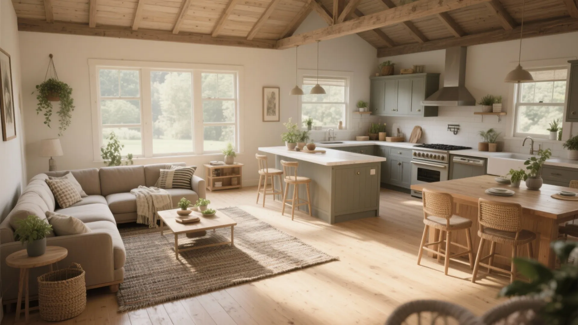 Modern open plan living room and green kitchen with grey sofa wood flooring and plants
