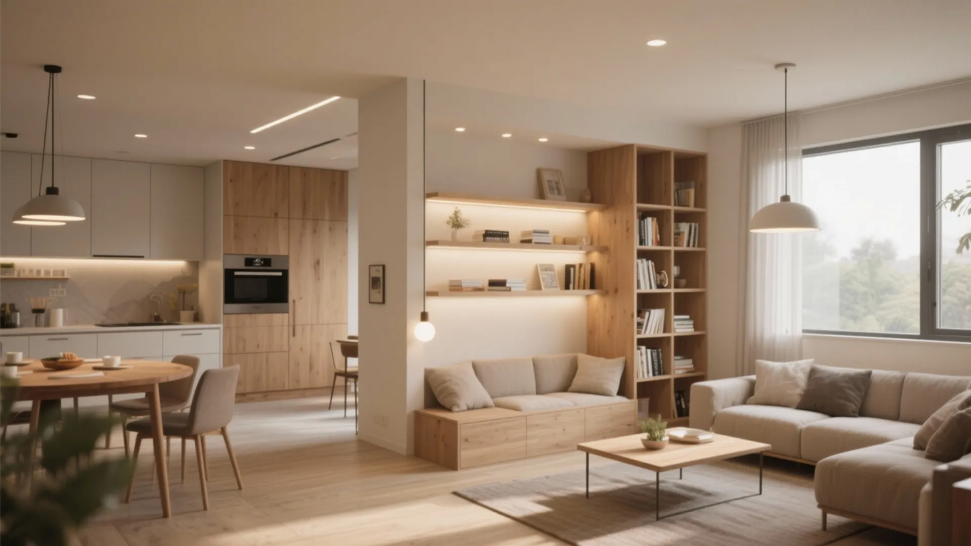 Open-plan living, dining and kitchen with subtle partitions and built-in storage dividing zones