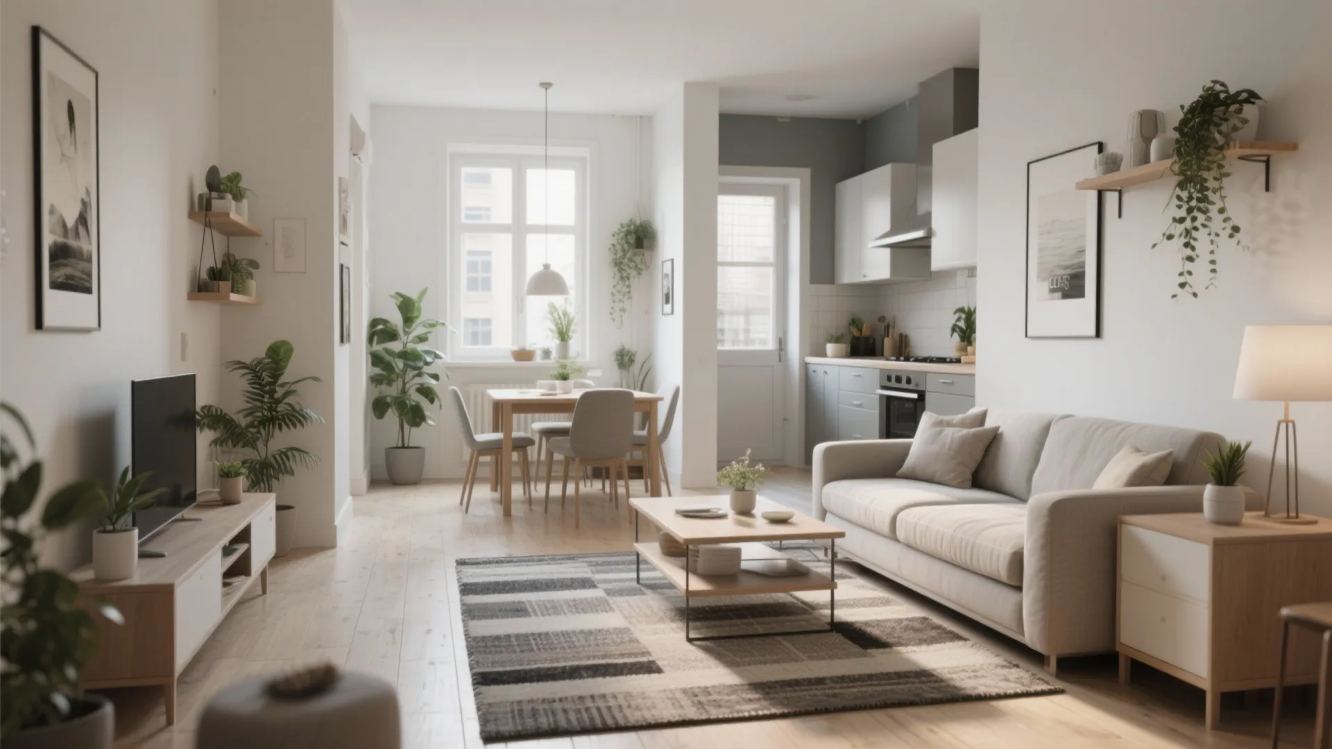 Modern open living room with grey sofa wooden coffee table dining set and white kitchen area