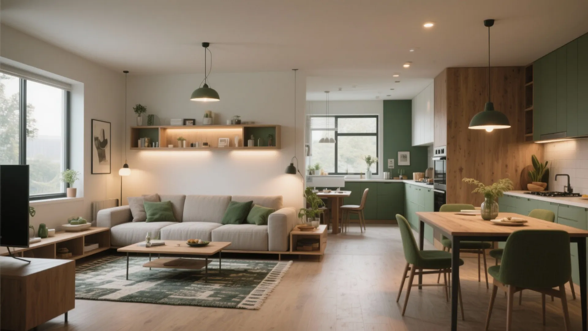 Open-plan living with rugs, layered lighting and a low-back sofa defining zones in a modern small home.