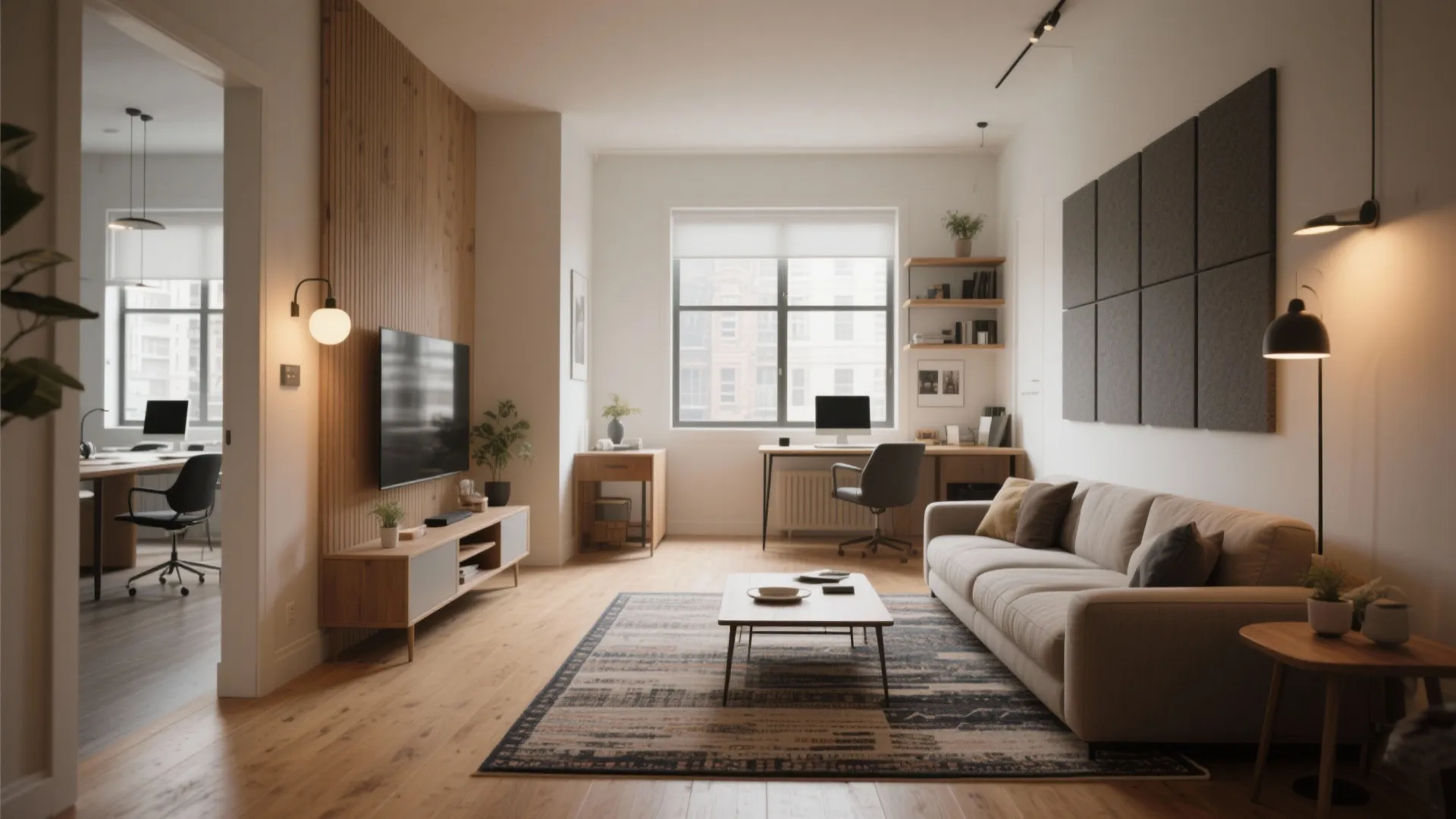 Open-plan living area with clearly defined living, dining, and small office zones in an Albany apartment.