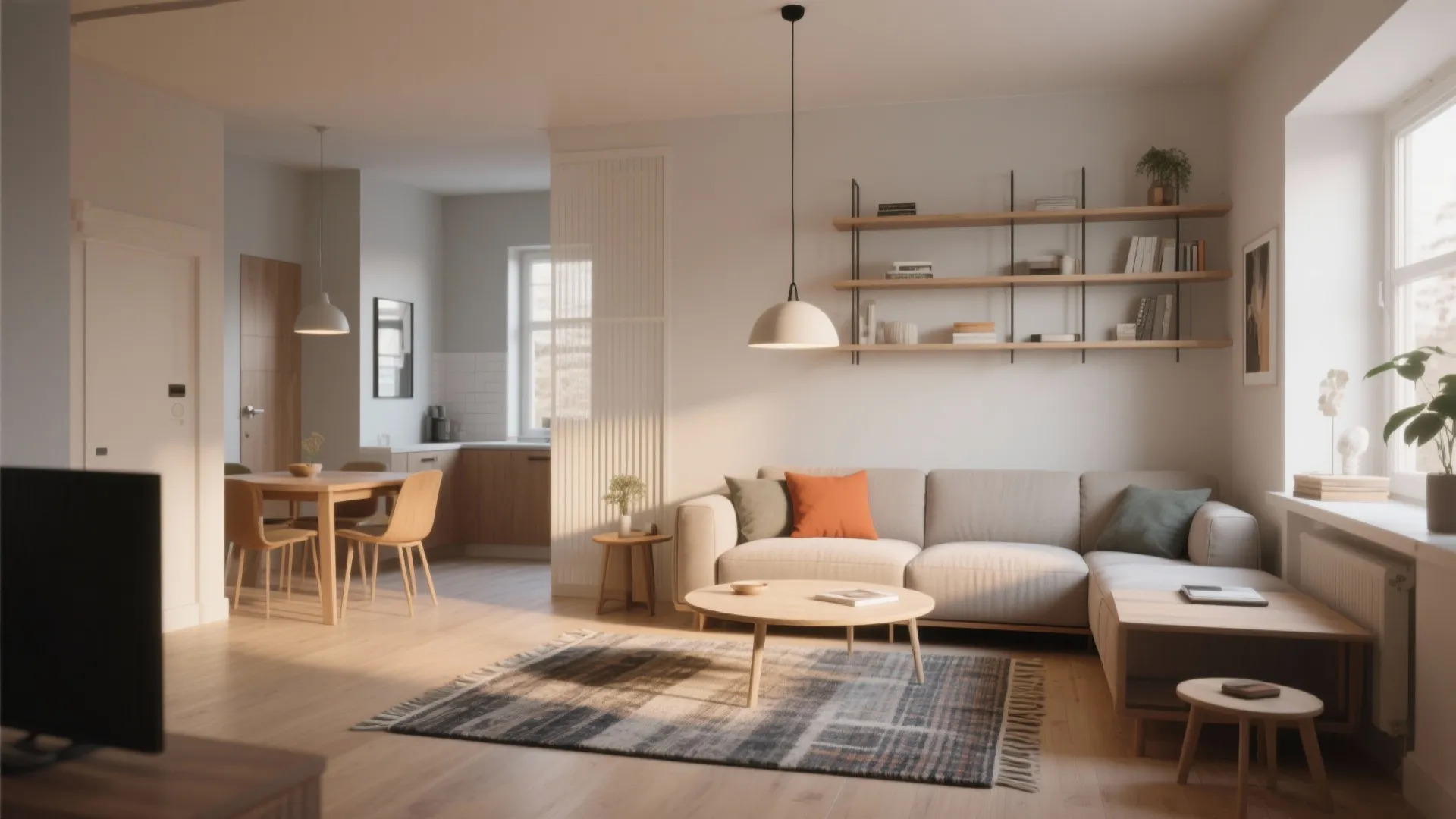 Modern open living room with grey sofa wooden coffee table wall shelves and large bright windows