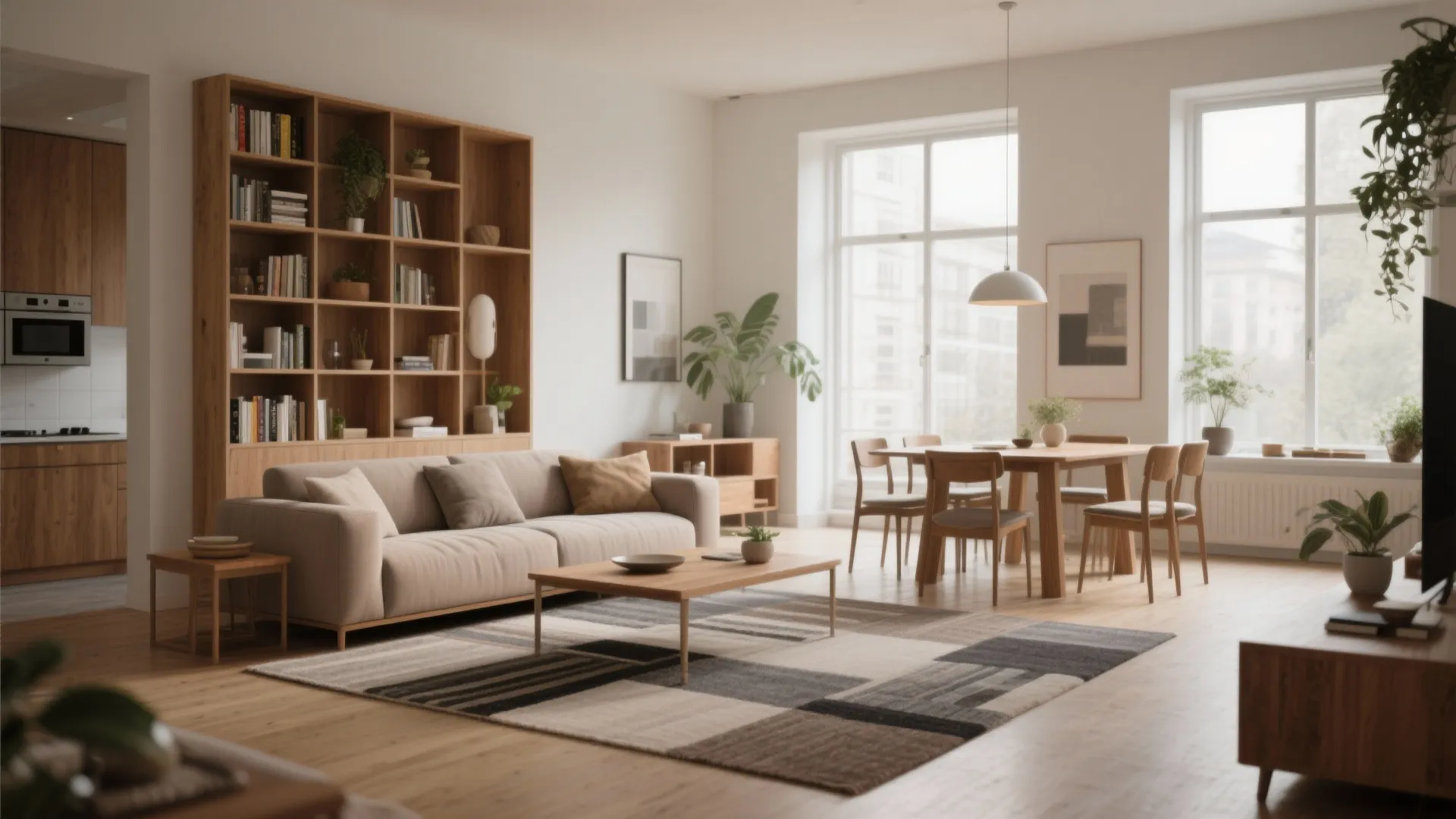 Open-plan space with rugs and a low bookcase defining living and dining zones