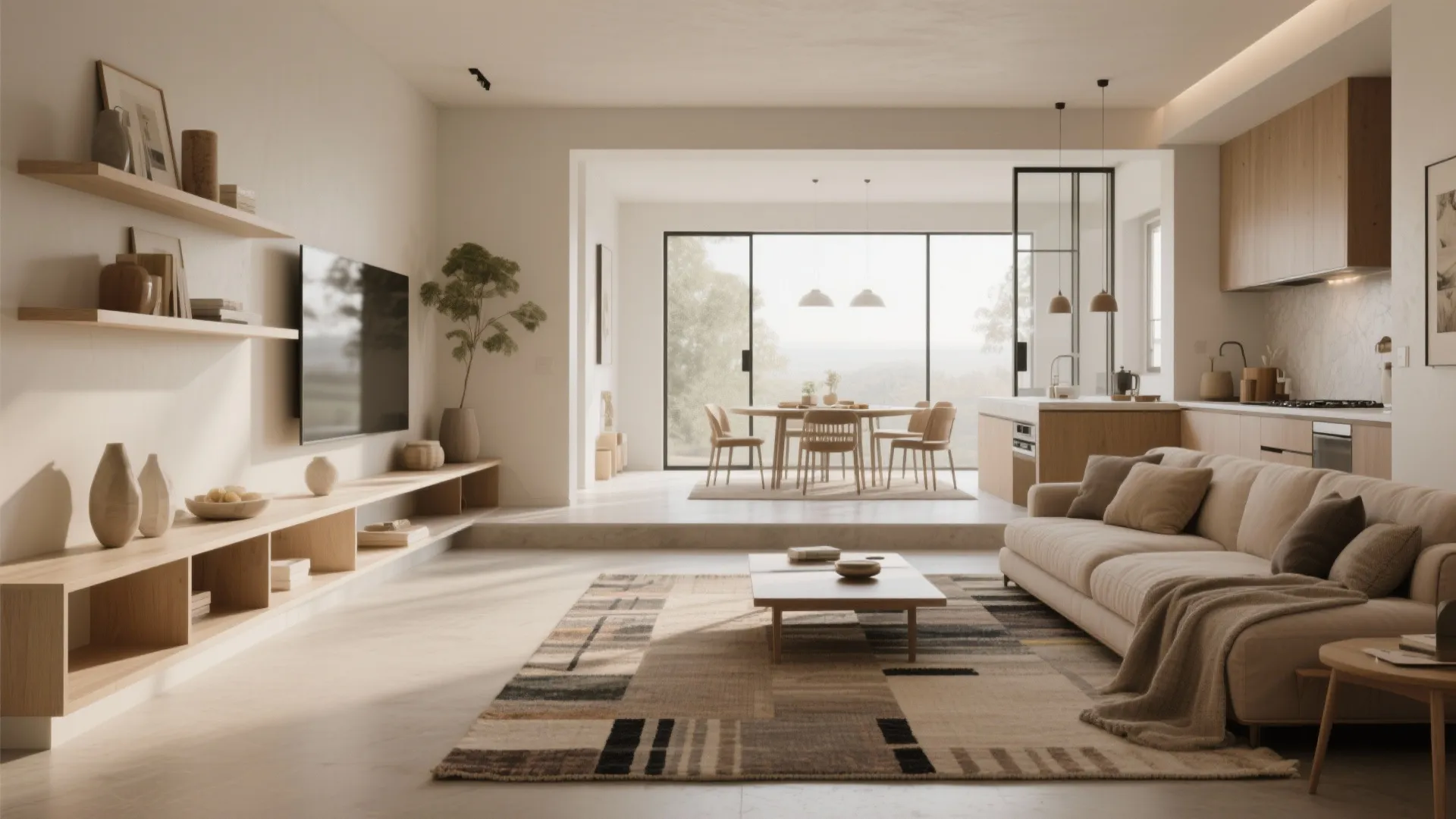 Modern open plan living room with cream sofa wood shelves dining table and large glass windows