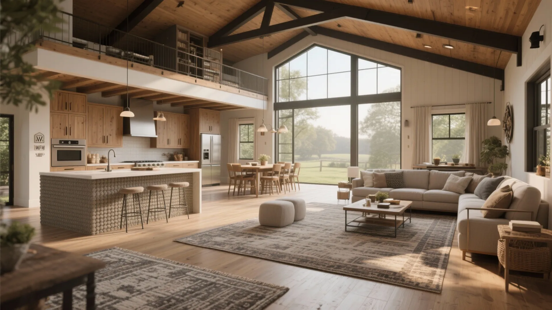 Modern open plan living room with wooden ceiling beams large glass windows and grey sofa furniture