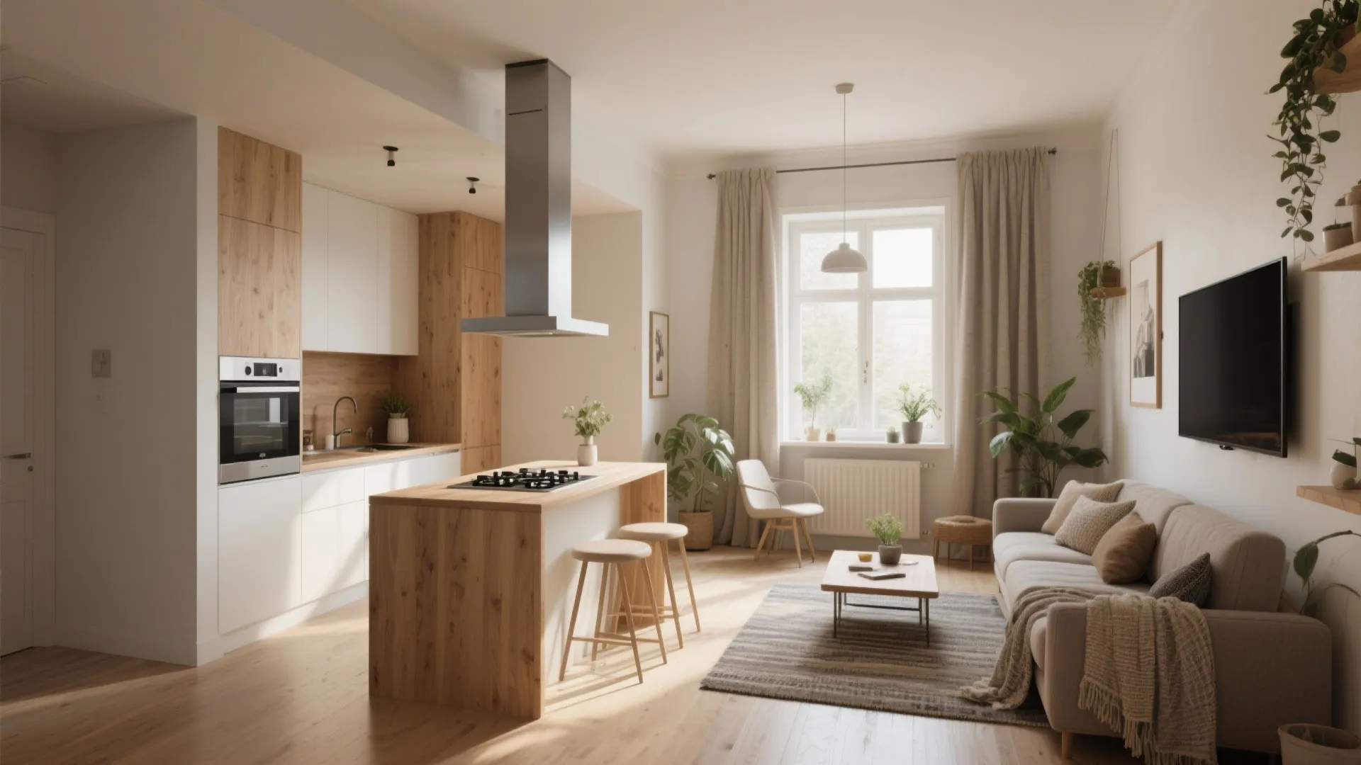 1. Use an open-plan living + kitchen with defined zones