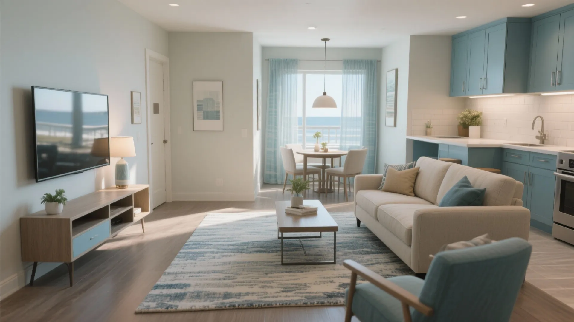 Living and kitchen zones in a compact Pensacola suite with rug and pendant lighting defining areas