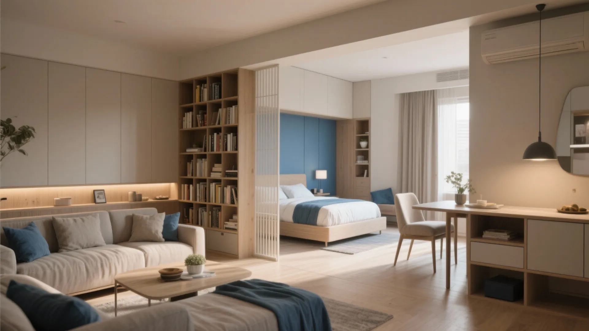 Modern apartment interior with open plan living room bedroom area bookshelves and wooden dining table