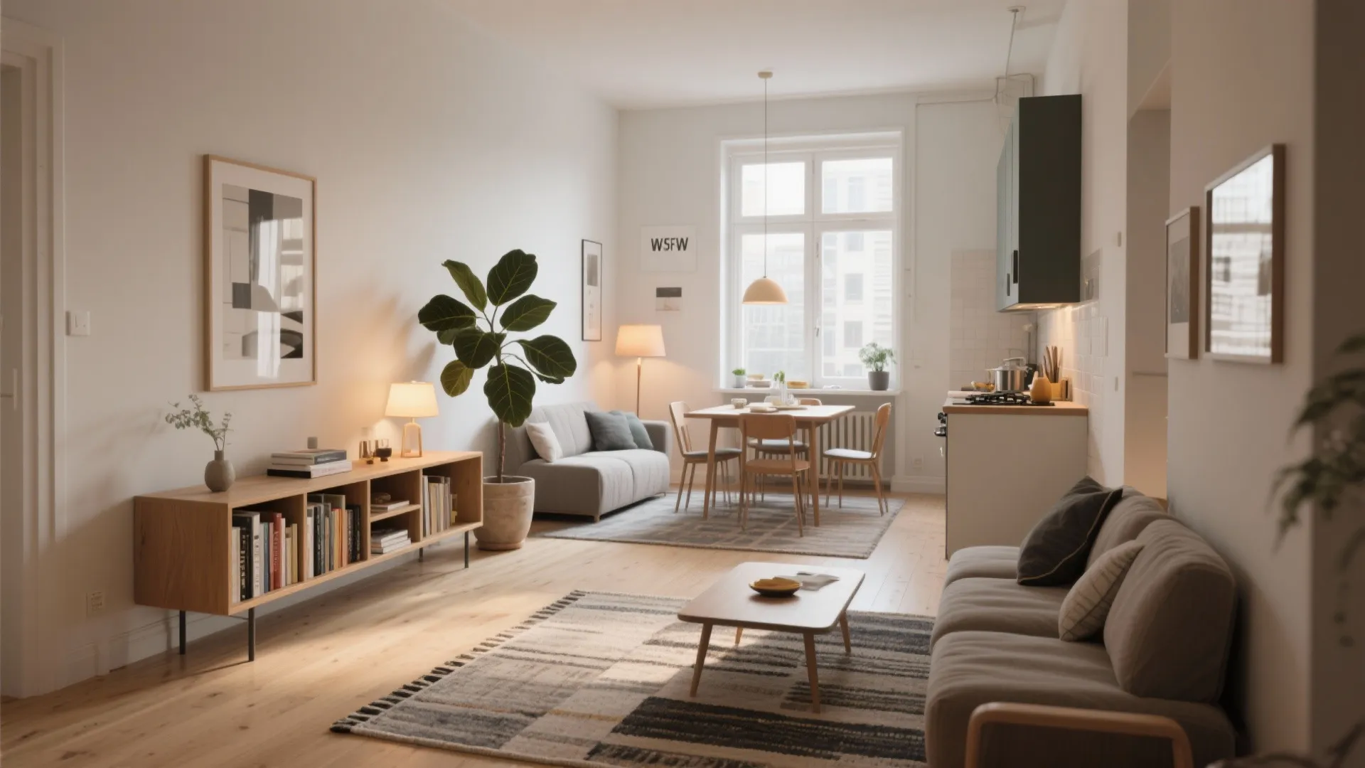 Open-plan apartment showing defined living, dining, and kitchen zones separated by a low bookshelf and rugs.