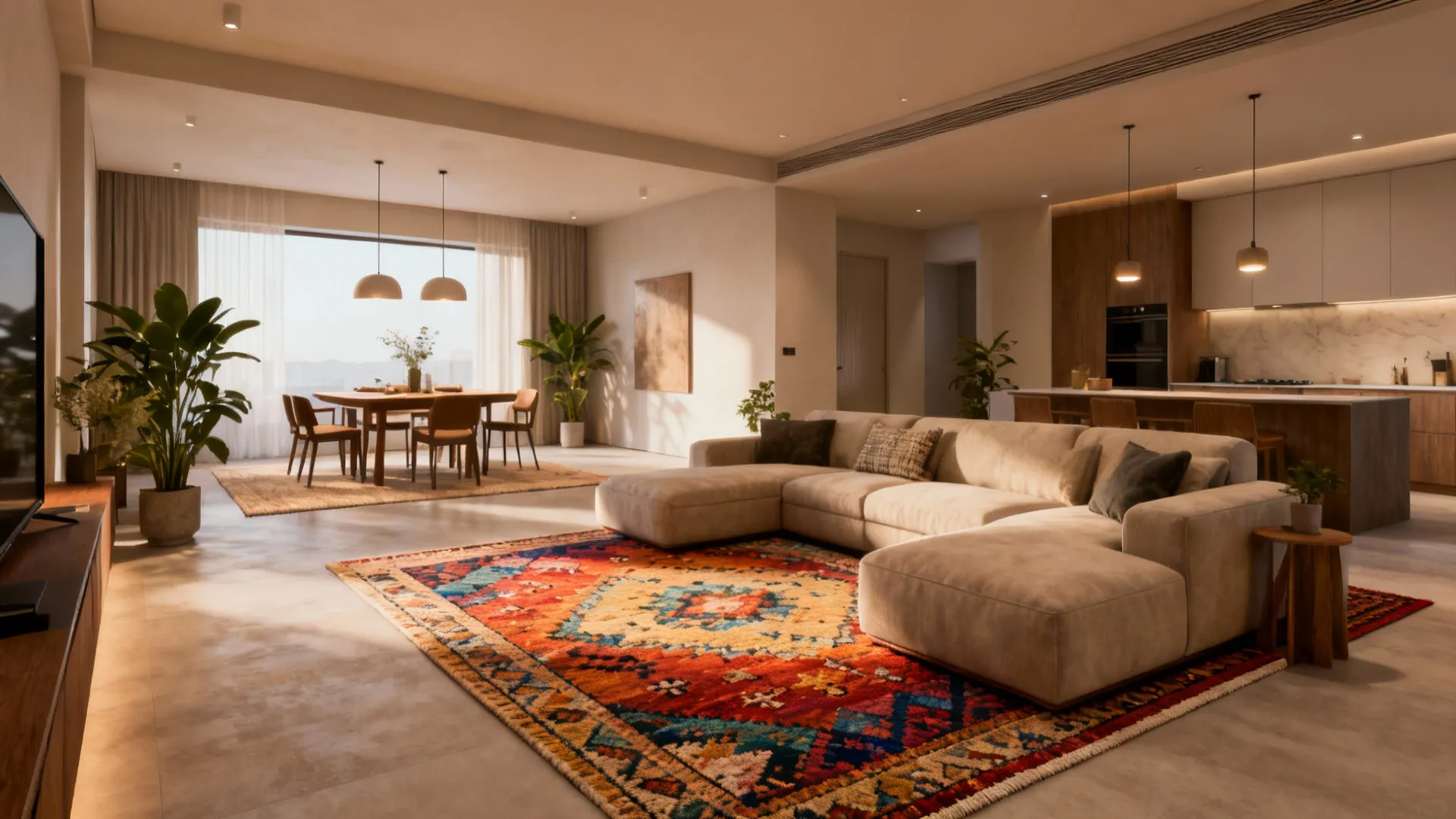 Modern living room with beige sofa colorful rug dining table kitchen area and warm light