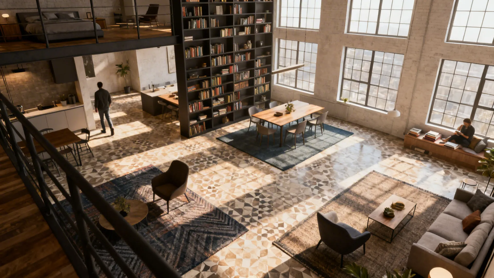Open-plan loft with rugs defining seating, dining, and reading zones for clear circulation.